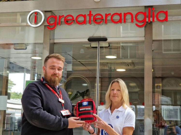 The kit being handed to Greater Anglia's Assistant Area Customer Service Manager, Benjamin Woodard. // Credit: Greater Anglia