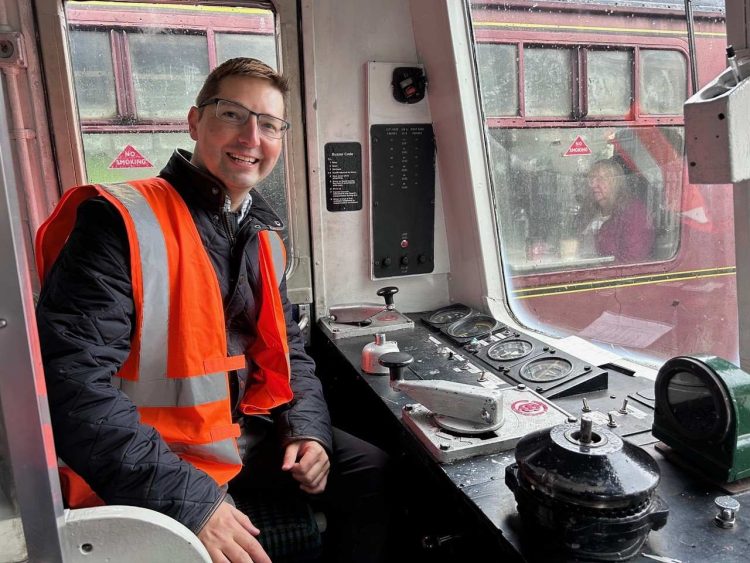 Cllr Stanley at the controls of a Diesel Multiple Unit on the GWSR - Ian Crowder