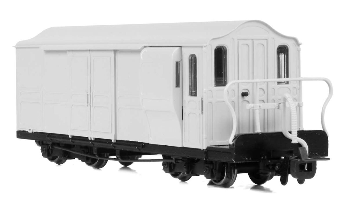 Bachmann Ffestiniog Railway Curly Roof brake wan with curled roof and curled rails. // Credit: Bachmann Europe Plc