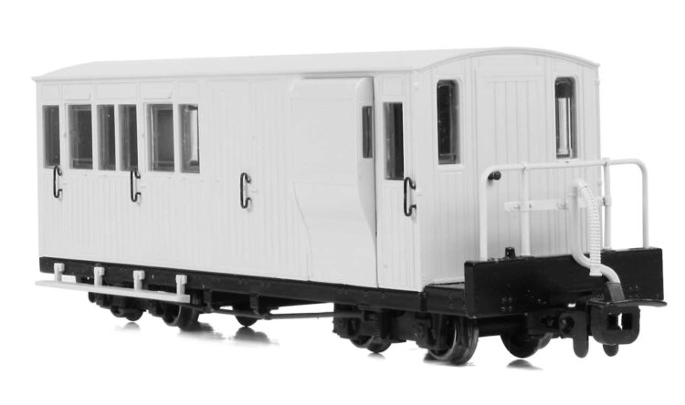 Bachmann Ffestiniog Railway Curly Roof brake wan with flat roof and straight rails. // Credit: Bachmann Europe Plc