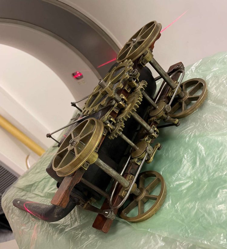 Model locomotive on ots side ready for the CT scanner. // Credit: Leeds Industrial Museum