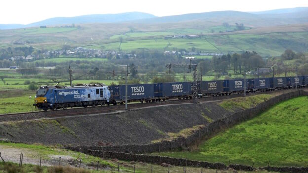 Tesco rail freight being hauled by a Class 88 loco