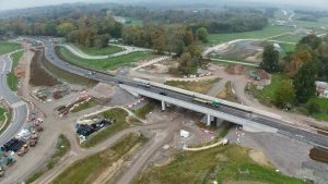 Aerial view of completed A418 overbridge near Aylesbury - HS2 Ltd