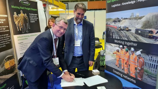 Pictured L-R: Neil Sime, Managing Director, Victa Railfreight and Mark Grimshaw-Smith, Rail and Sea Manager, Cemex UK.