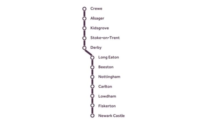 EMR Crewe to Newark Castle route map - East Midlands Railway