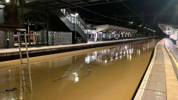 Flooding at Northampton station after River Nene burst banks