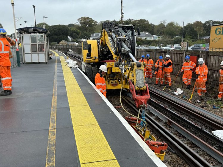 Relaying track at Lymington Pier station. // Credit: Network Rail