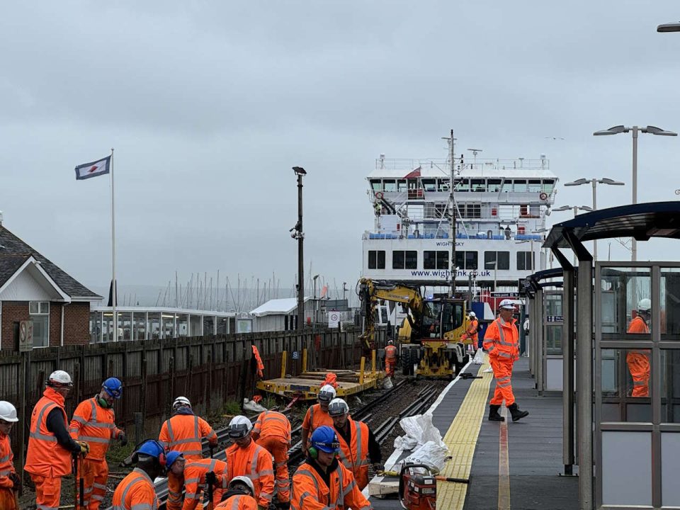 Relaying track at Lymington Pier station. // Credit: Network Rail