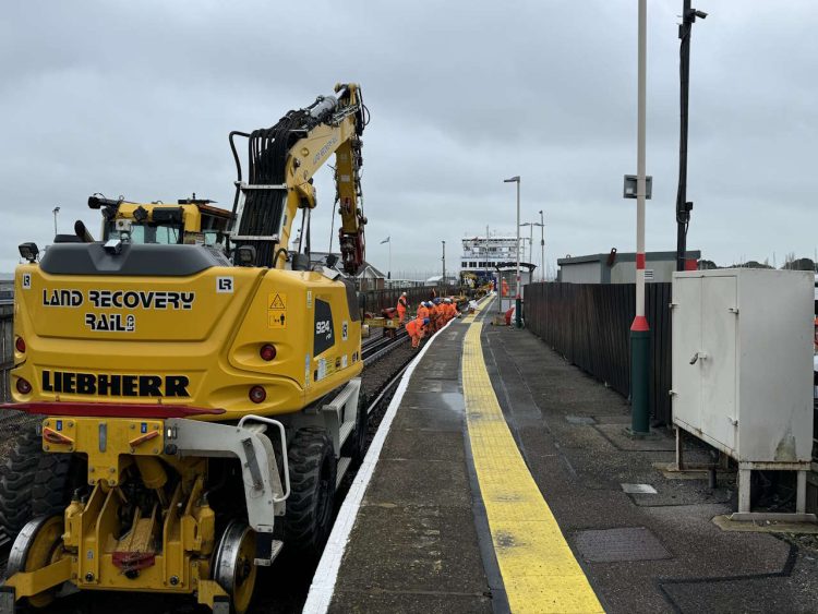 Relaying track at Lymington Pier station. // Credit: Network Rail