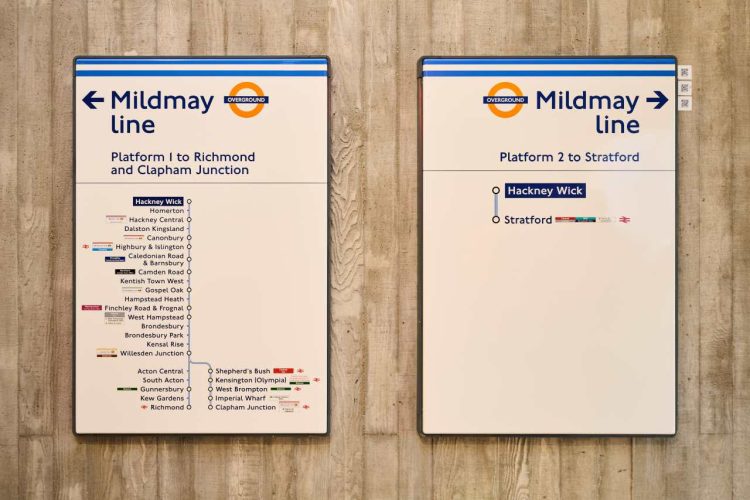 New direction signs at Hackney Wick station which is now on the Mildmay Line - TFL