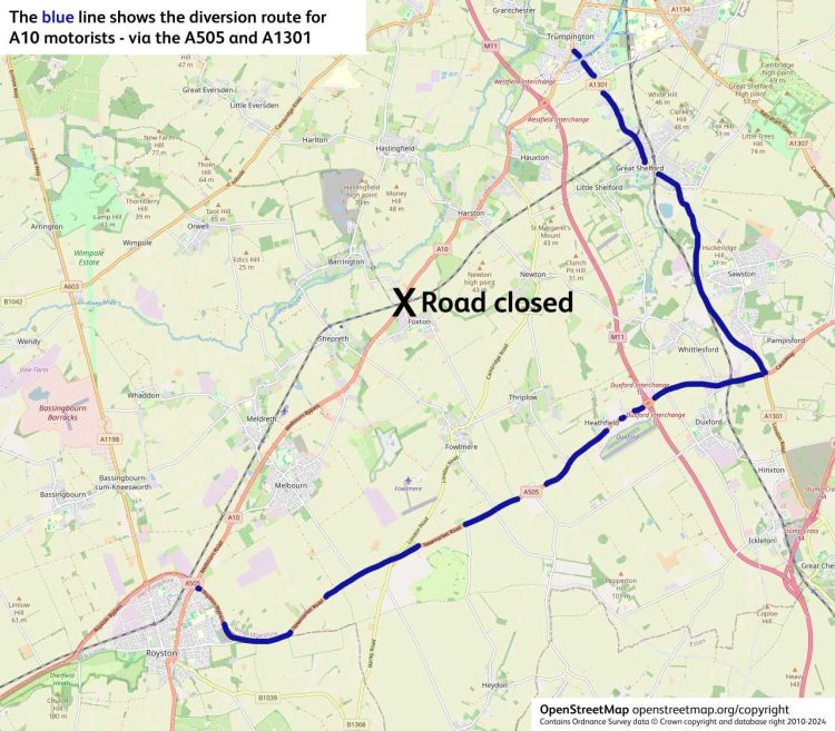 The diversion route for A10 motorists shown by the blue line via the A505 and A1301 - Network Rail