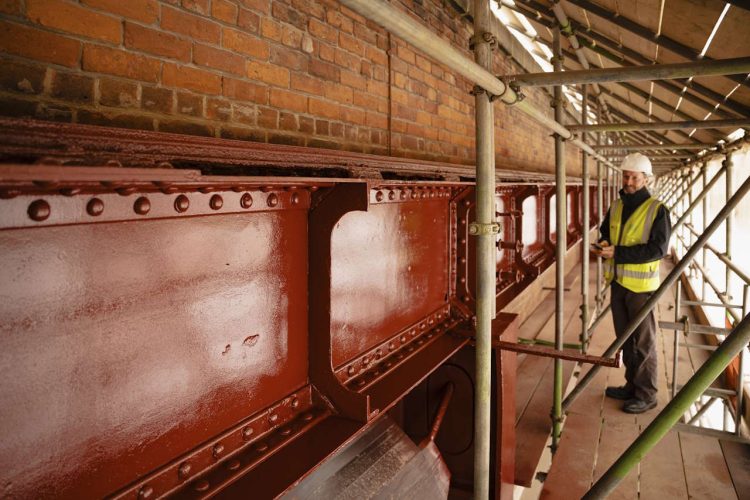 The freshly painted Gantry ready for the scaffold to be removed. // Credit: Science & Industry Museum,