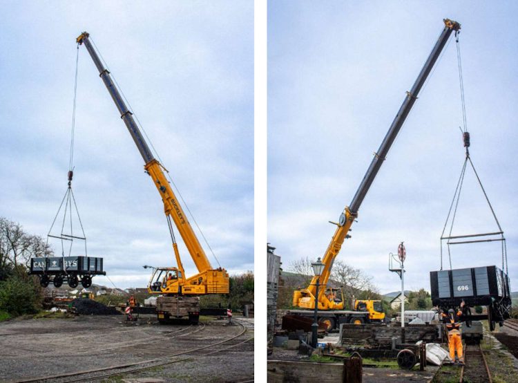 Crane lifting the wagon into position at Tywyn Wharf. // Credit: Talyllyn Railway