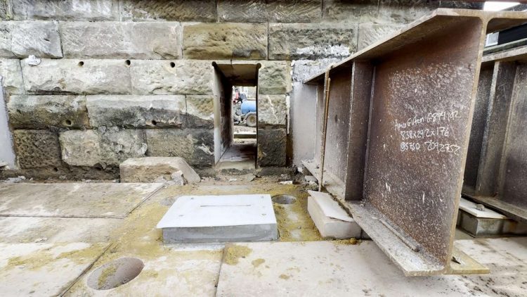 Hole through base of Yarm Viaduct pier (Left) before steel beam inserted and cemented in . // Credit: Network Rail