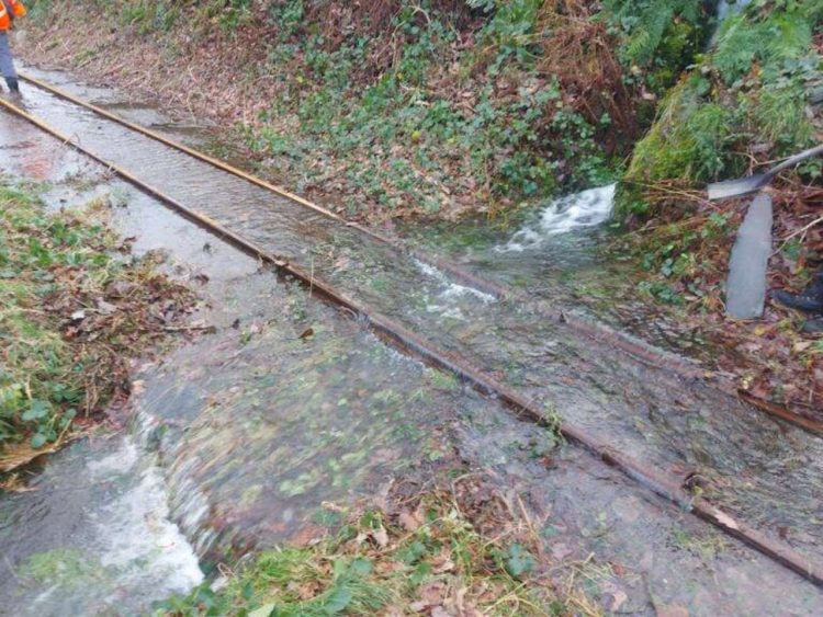 Water streaming across the Talyllyn Railway. // Credit: Matt James