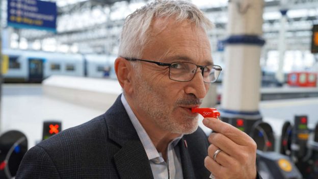 Network Rail’s acting chair Mike Putnam practises for the Railway 200 Whistle-Up at 12 noon on New Year’s Day (credit Railway 200)