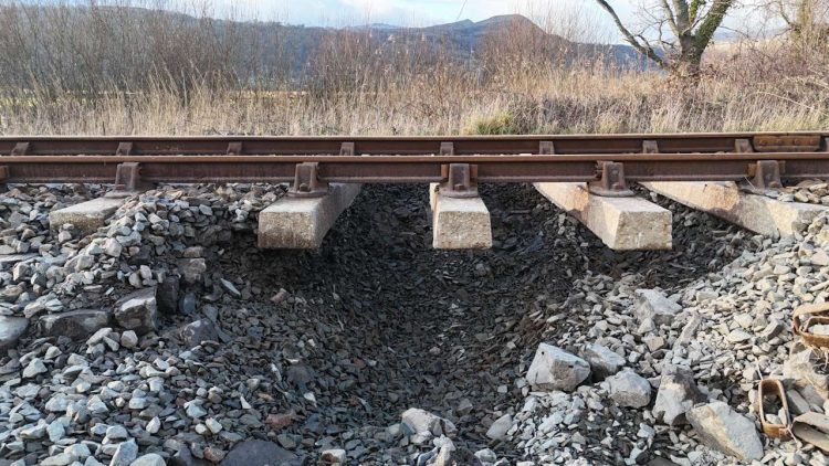 Ballast washed away on the Conwy Valley line. // Credit: Network Rail