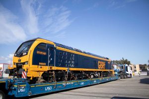 GBRf’s first Class 99, (99001) leaves the Stadler’s factor in Valencia for the Velim Test Track in the Czech Republic