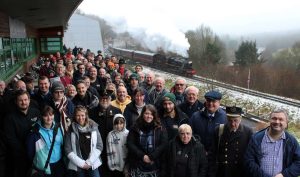 Heritage rail volunteers gather on the balcony of The Engine House, Highley. // Credit: Gus Dunster