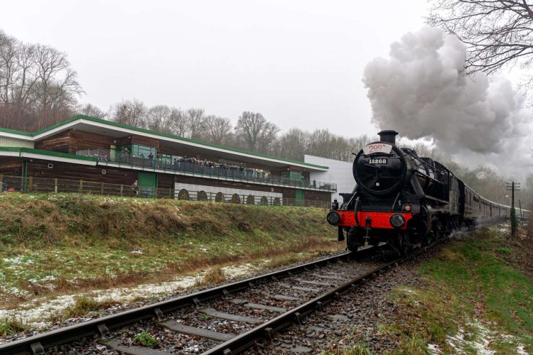 Stanier Mogul 13268, carrying a Railway 200 headboard, passes The Engine House, Highley. // Credit: ALan Gwilt