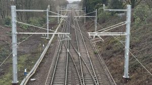 Newly installed power lines between Wigan to Bolton. // Credit: Network Rail