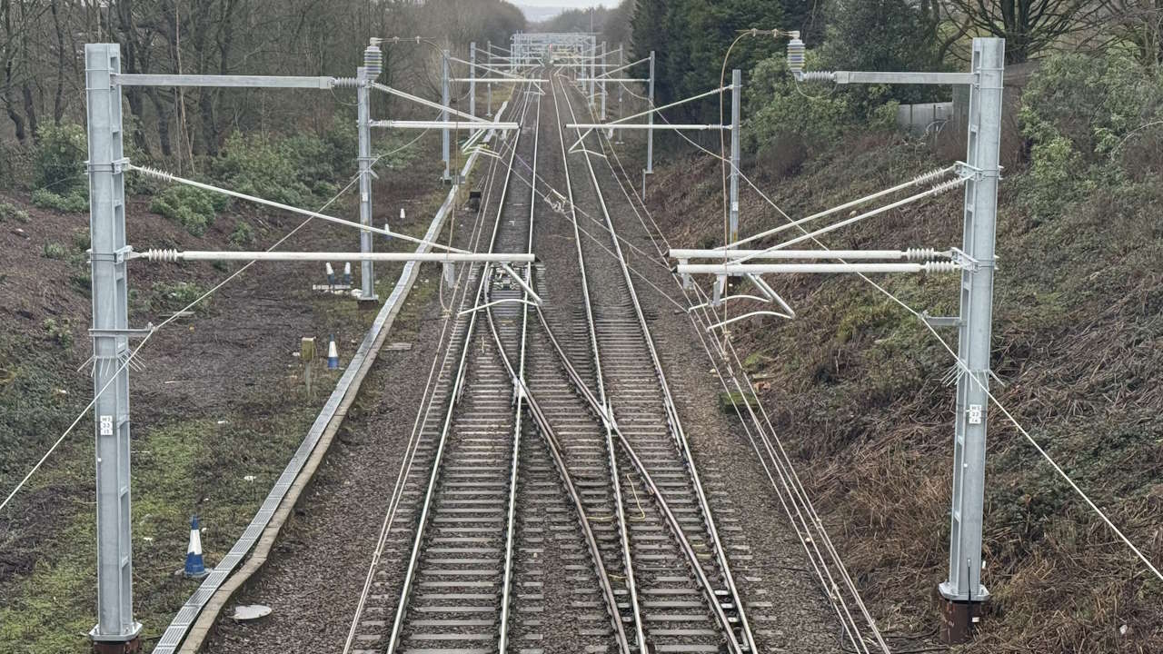 Newly installed power lines between Wigan to Bolton. // Credit: Network Rail