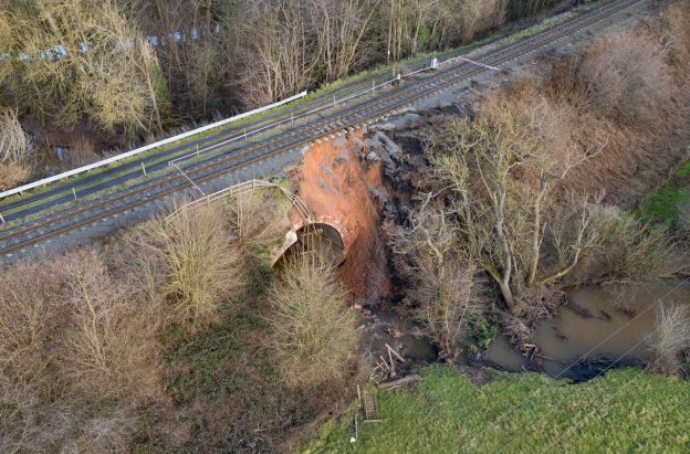 View showing the embankment failure, beneath the track.